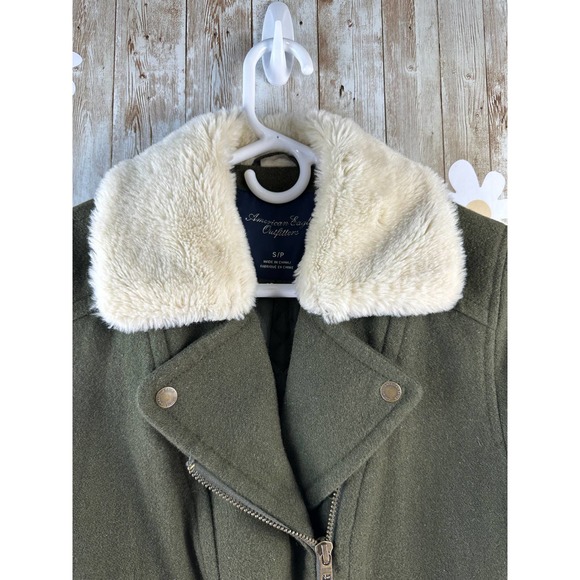 American Eagle‎ Womens Moto Jacket Sz Small Dark Moss Green Wool Blend Faux Fur - Picture 3 of 12